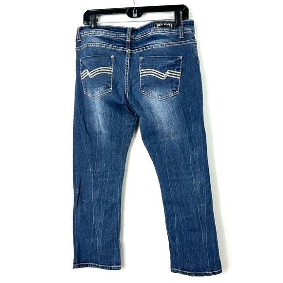 Red Rivet Womens Cropped Size 11 Blue Jeans Thick Stitch Distressed Straight E3 - Picture 4 of 11